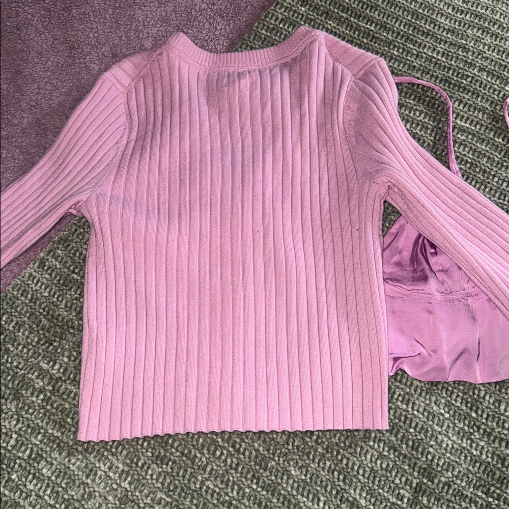 Aerie - Pink Ribbed Button-Up Cardigan and Satin Cami Set - Picture 4 of 7